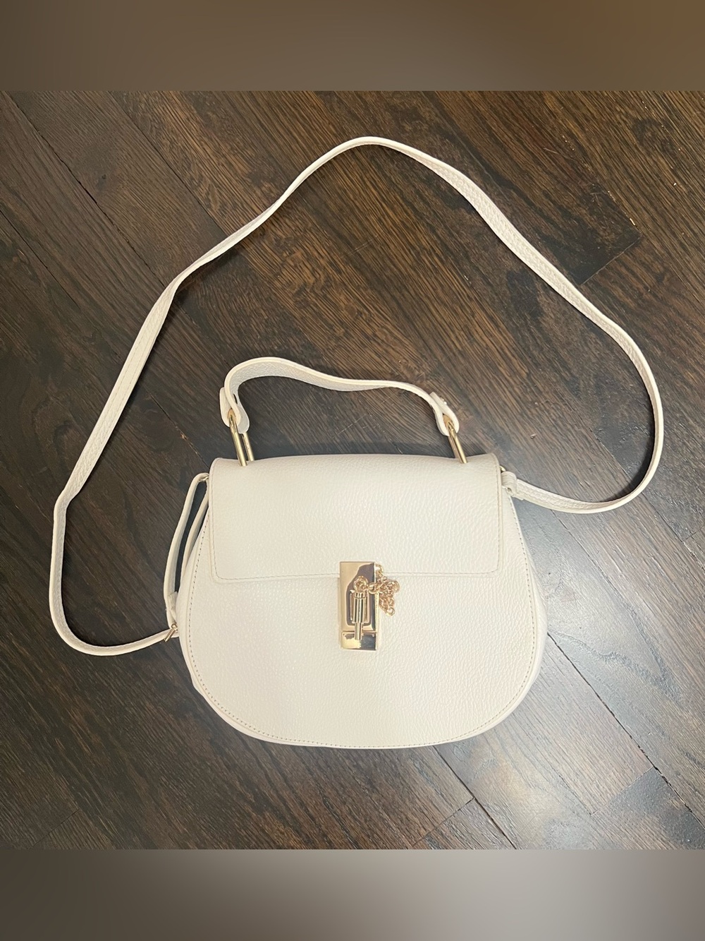 Gil Santucci White Pebbled Leather Saddle Crossbody Bag Gold Hardware